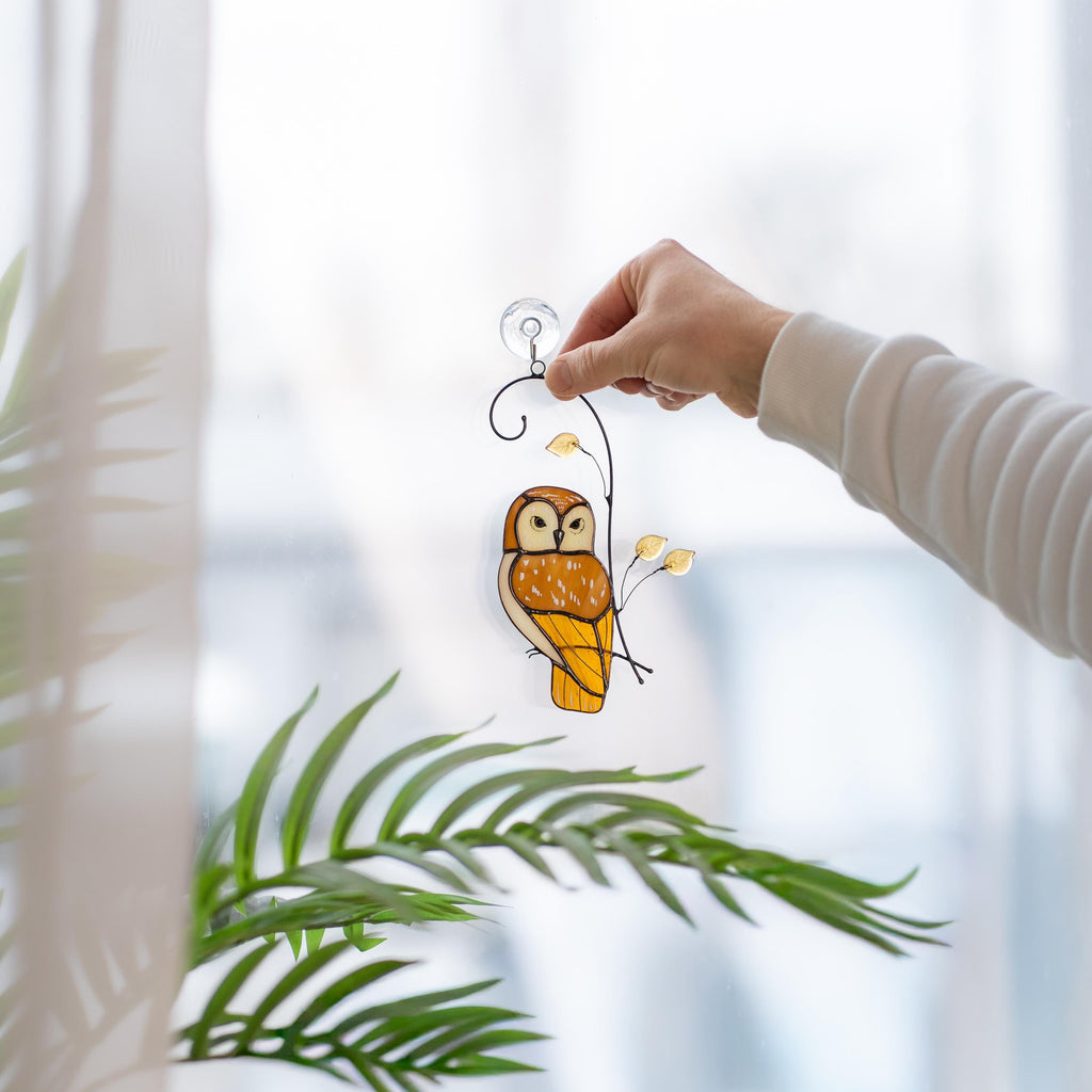 Owl ornament stained glass window hangings Godfather gift Stained glass bird suncatcher Custom stained glass barn owl figurine