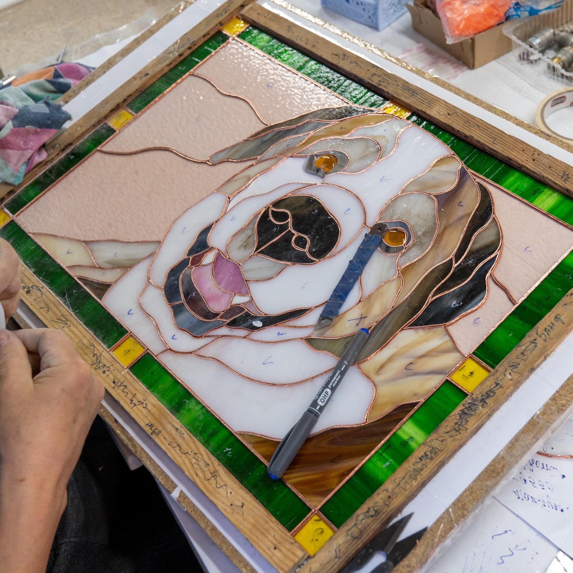Dog memorial stained glass window hangings Custom pet portrait from photo Cat loss gift