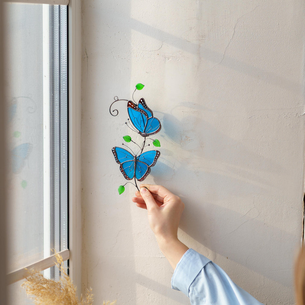Blue Morpho butterfly stained glass window hangings Godmother gift Patio decor Yard art suncatcher