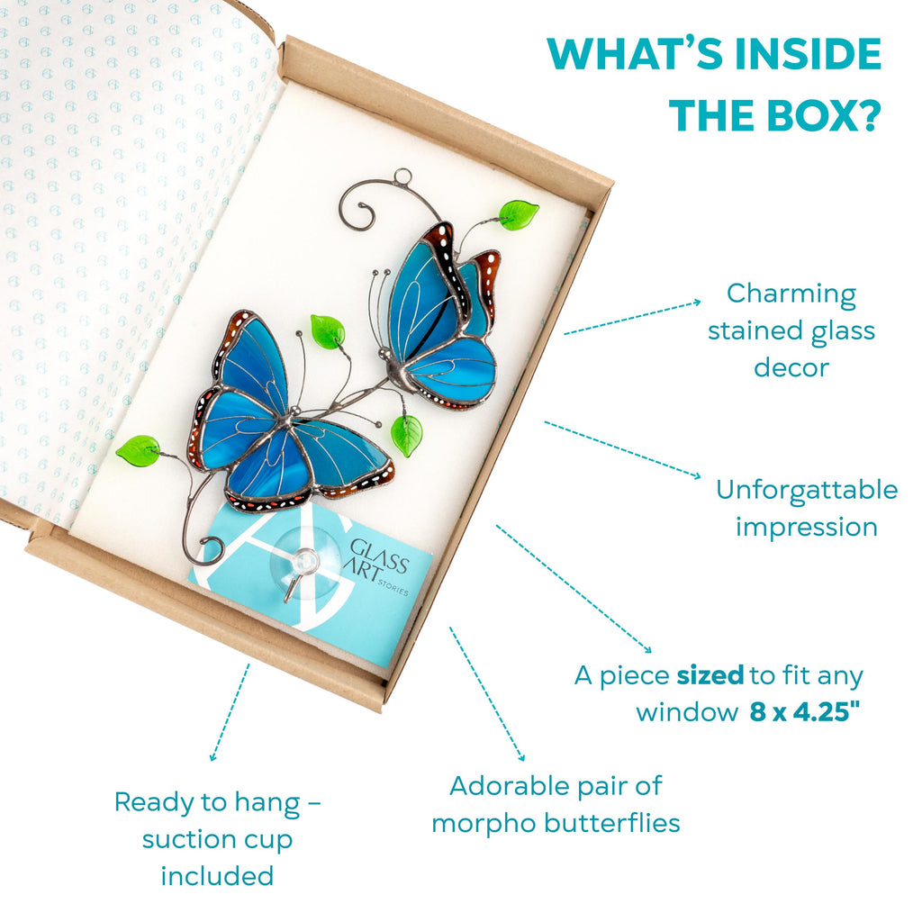 Blue Morpho butterfly stained glass window hangings Godmother gift Patio decor Yard art suncatcher