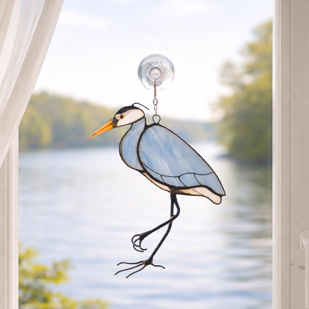 Great blue heron stained glass window hangings Mothers Day gift Lake house decor