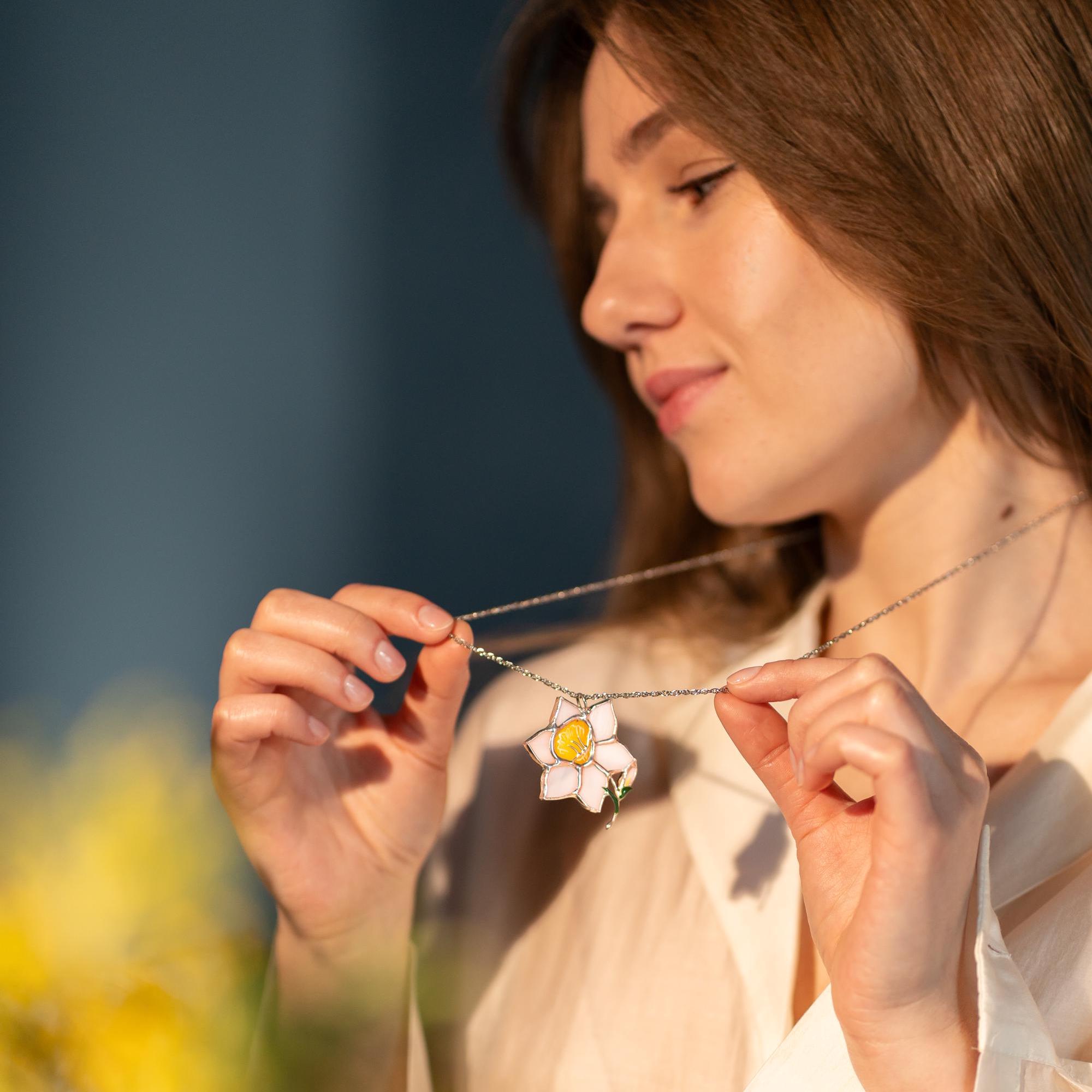 Daffodil necklace stained glass jewelry Gift for her Flower pendant