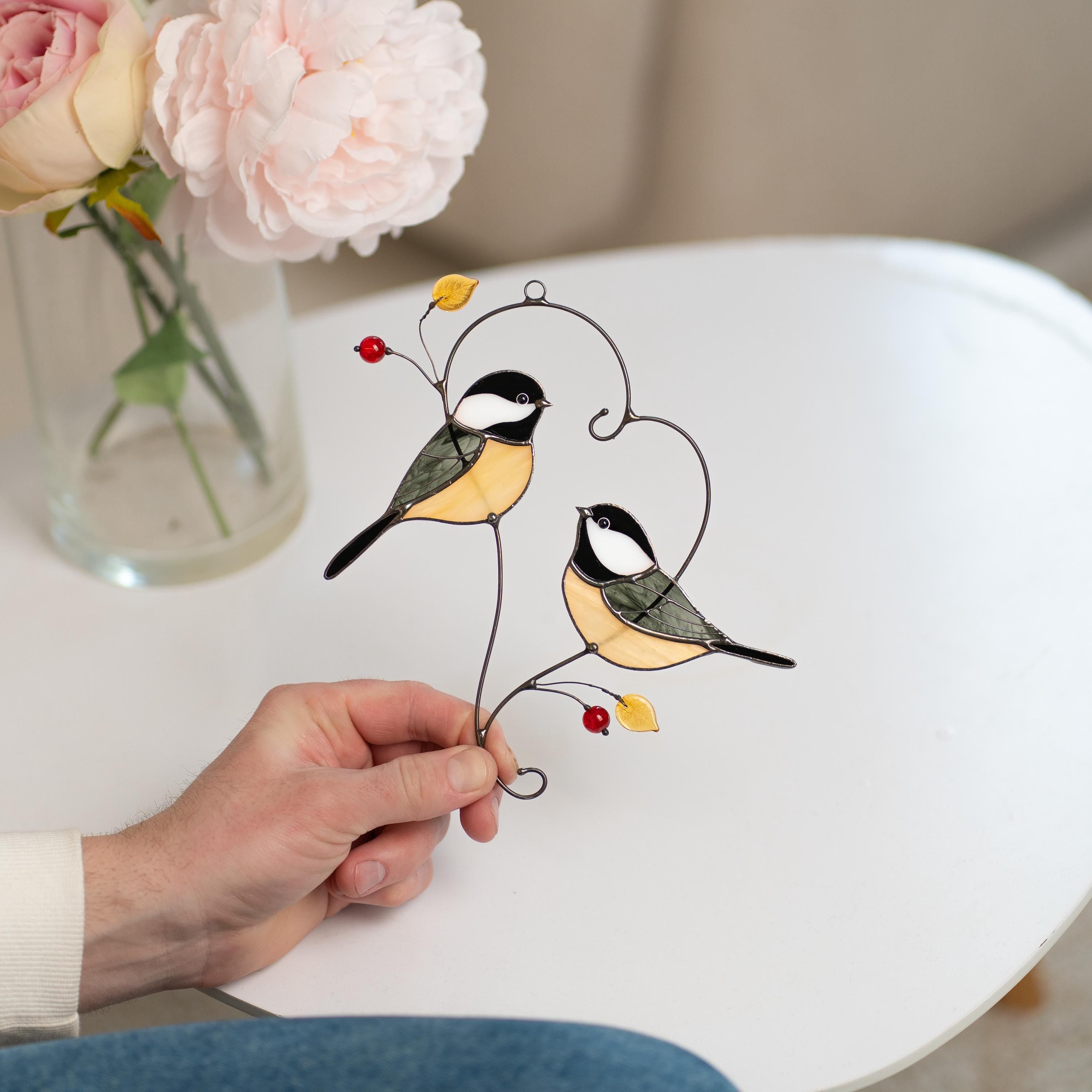 Couple of chickadees stained glass suncatcher Mothers Day gift ideas Bird wall art