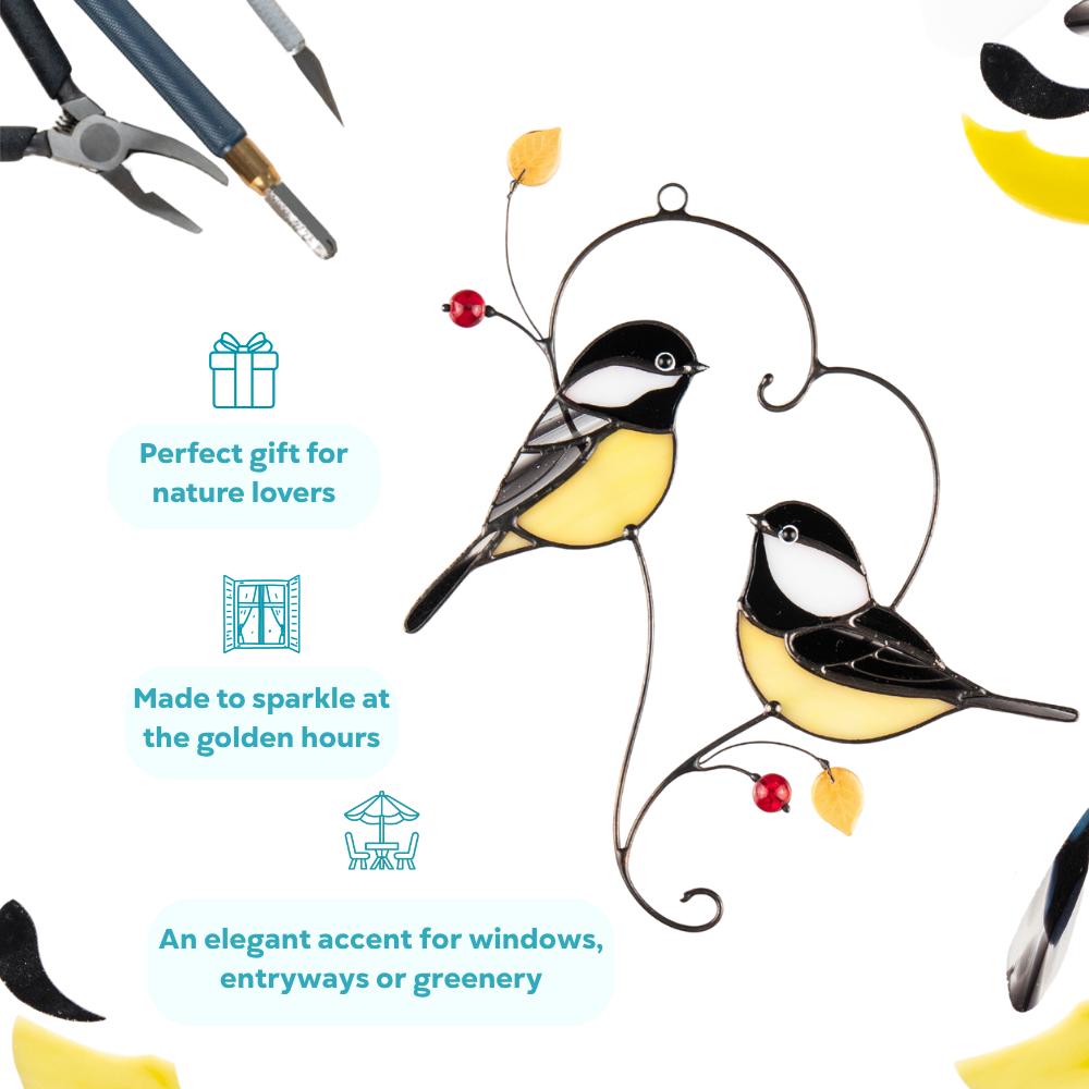 Couple of chickadees stained glass suncatcher Mothers Day gift ideas Bird wall art