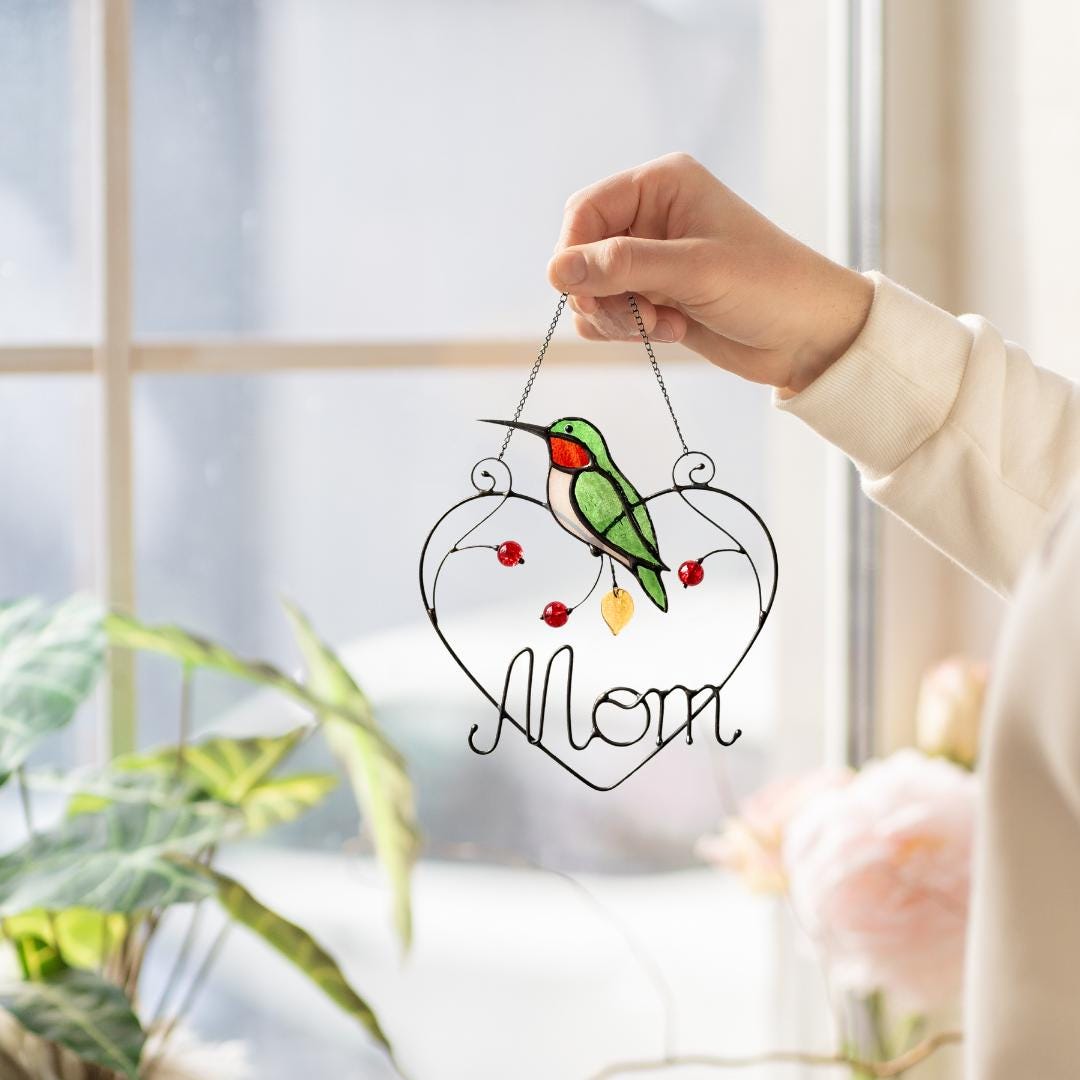 Hummingbird stained glass window hangings Mothers Day gift Ruby throated hummingbird gifts