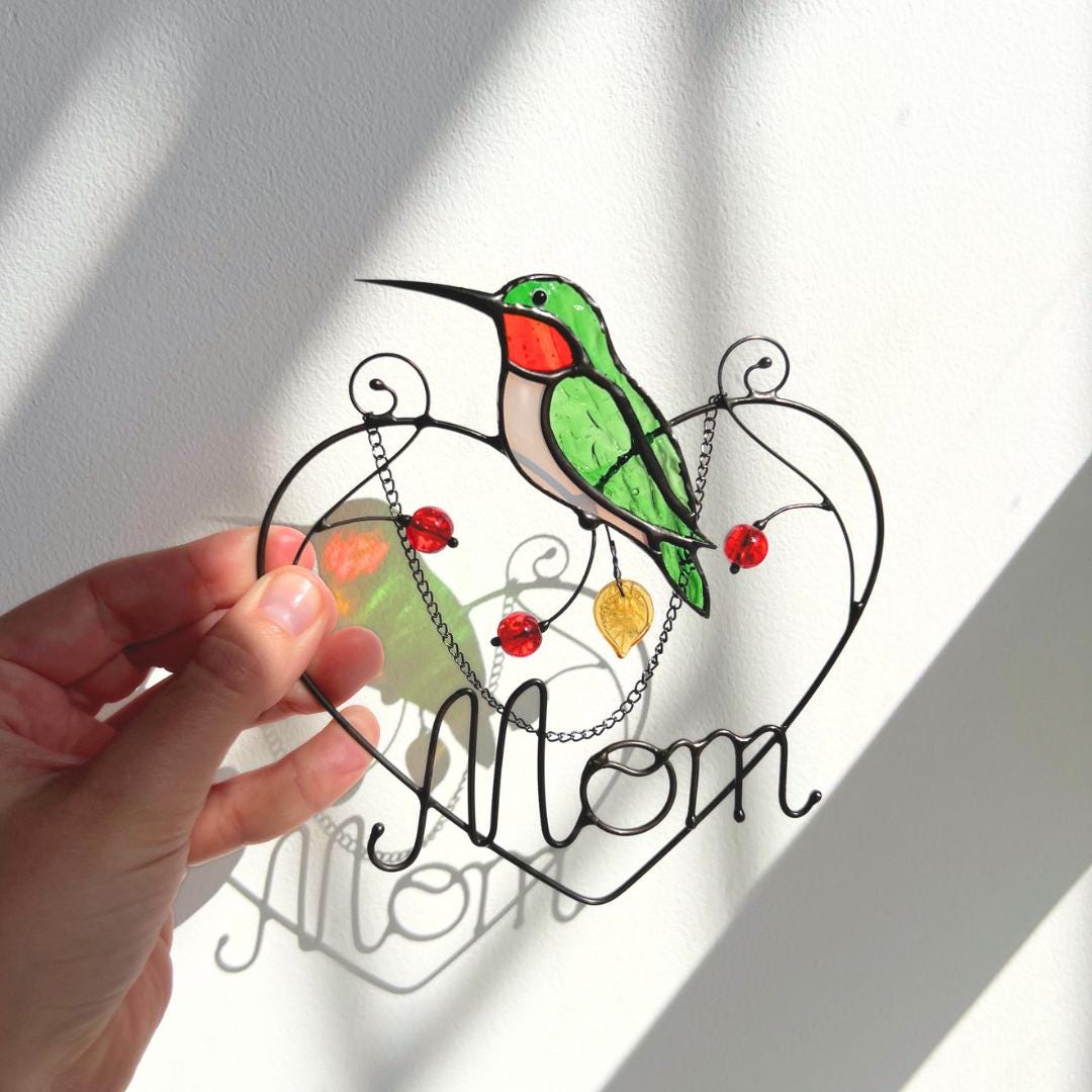 Hummingbird stained glass window hangings Mothers Day gift Ruby throated hummingbird gifts