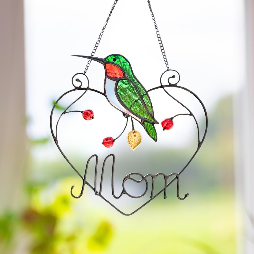 Hummingbird stained glass window hangings Mothers Day gift Ruby throated hummingbird gifts