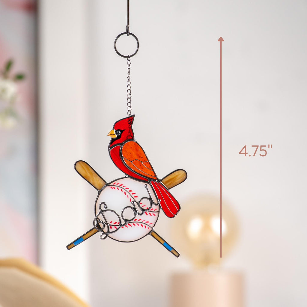 Handmade stained glass baseball suncatcher with red cardinal - Unique Fathers Day gift for sports fans - Personalized baseball ornament