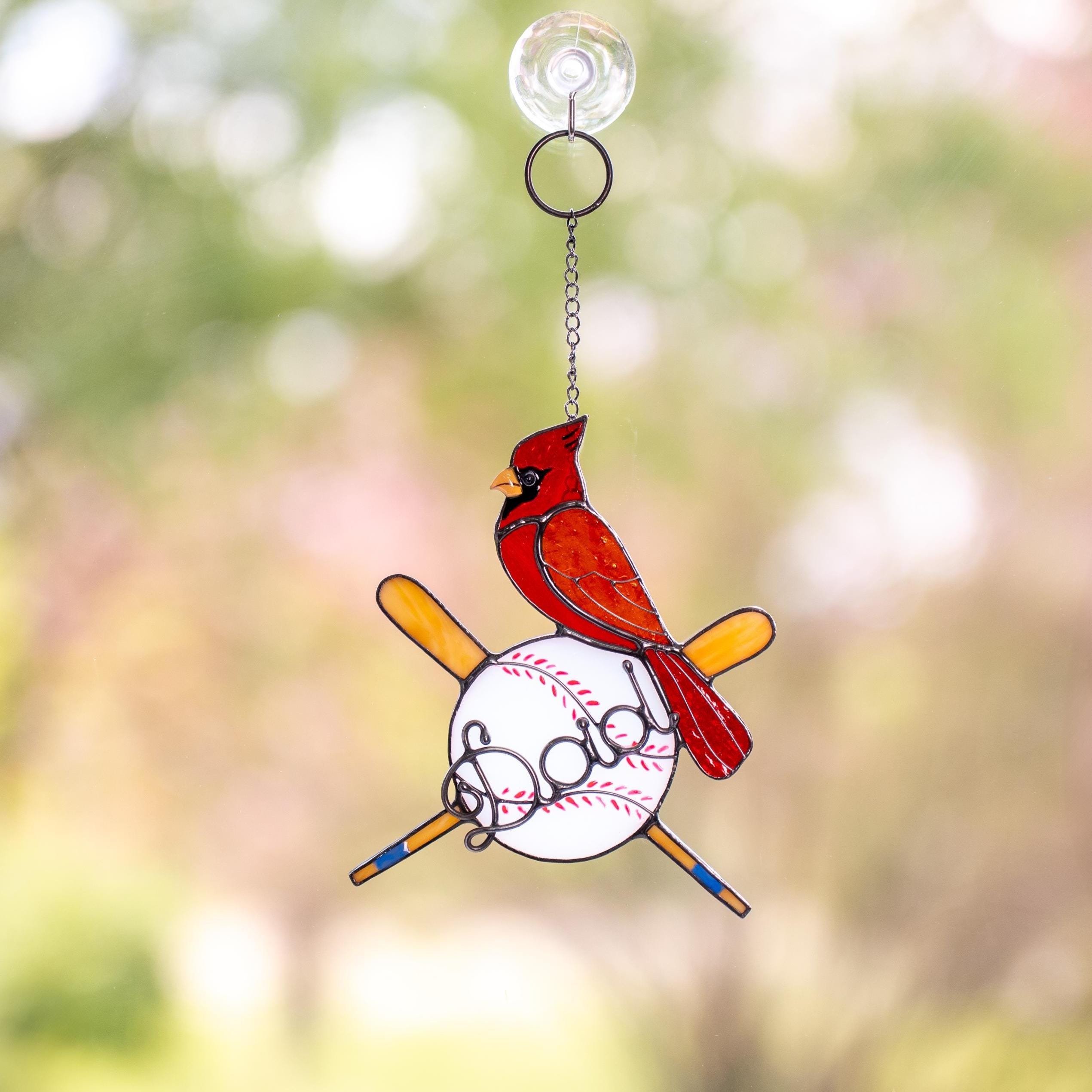 Handmade stained glass baseball suncatcher with red cardinal - Unique Fathers Day gift for sports fans - Personalized baseball ornament