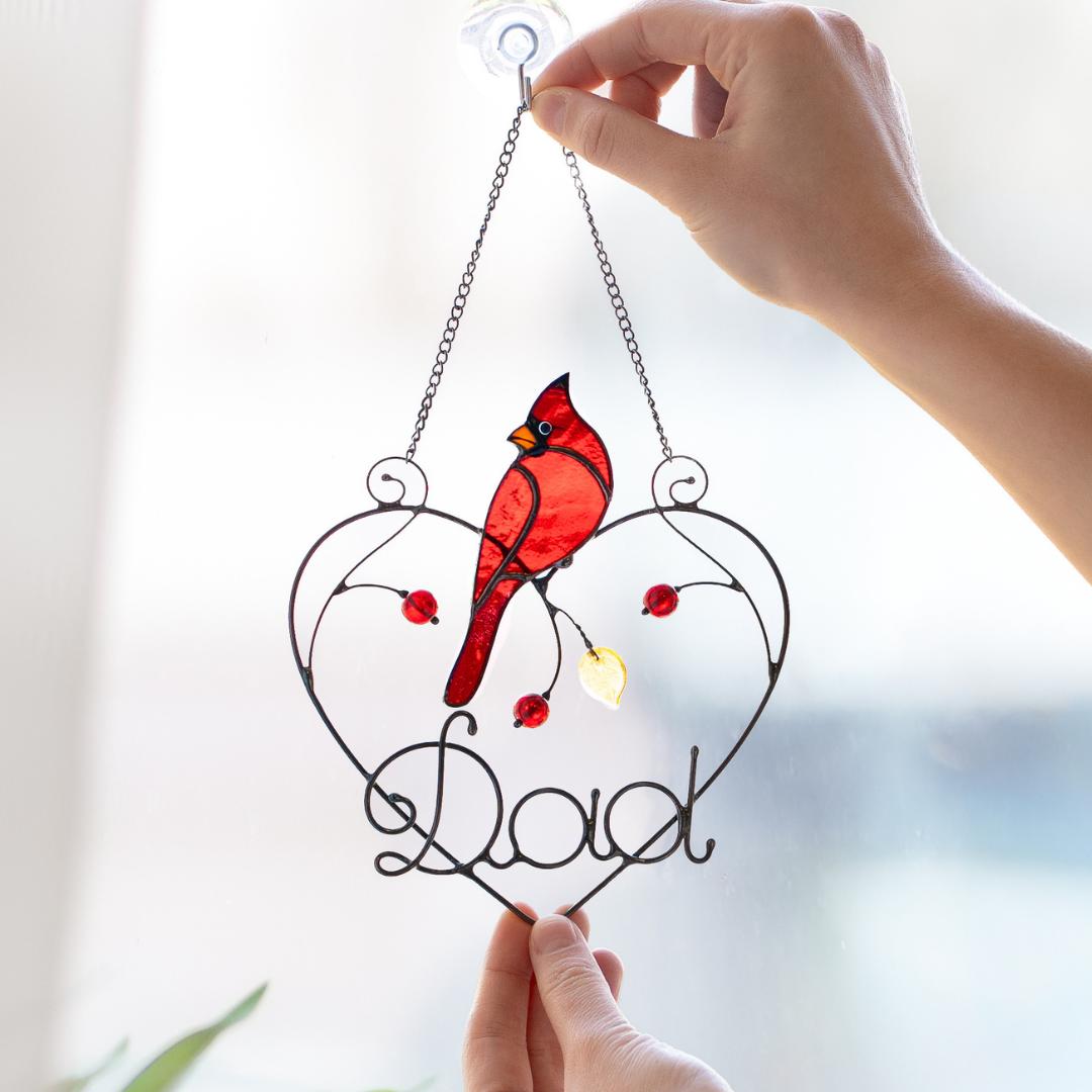 Cardinal stained glass window hangings, Fathers day gift, Cardinal memorial ornament bird suncatcher for dad